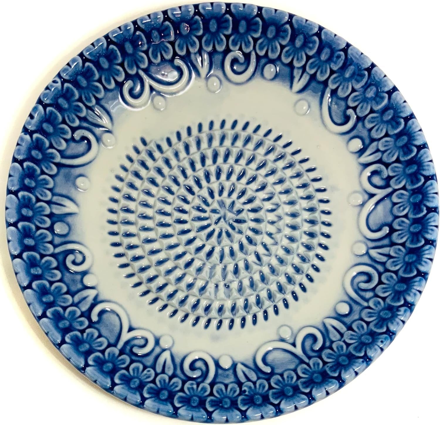 premium-ceramic-garlic-grater-plate-set-blue-embossed-all-in-one-4-piece-set-includes-5-25-plate-peeler-brush-and-stand-for-garlic-ginger-fruits-strawberries-and-more
