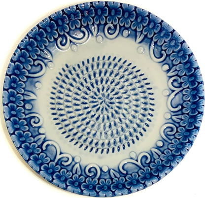, Premium Ceramic Garlic Grater Plate Set - Blue Embossed | All-In-One 4-Piece Set Includes 5.25" Plate, Peeler, Brush, and Stand - for Garlic, Ginger, Fruits, Strawberries, and More!4
