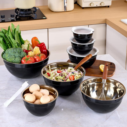 Black Mixing Bowls with Lids Set of 7, Stainless Steel Nesting Bowl with Khaki Lid for Non-Slip Mixing Prepping Storing Serving, 7 Sizes-7/3.6/2.7/2.1/1.5/1/0.8 QT9