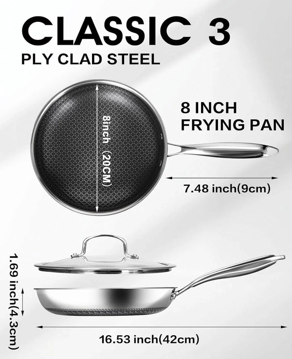 Hybrid Non Stick Frying Pans with Glass Lid, 8-Inch Frying Pan. | Stainless Steel Skillet with Honeycomb Surface,Oven-Safe,Pfas-Free,Compatible with All Cooktops.4