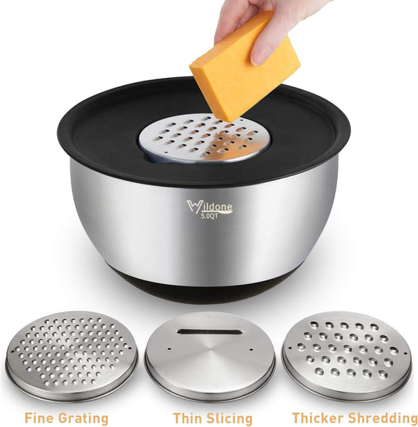 Mixing Bowls with Airtight Lids Set, 5PCS Stainless Steel Nesting Bowls for Kitchen, with Grater Attachments & Non-Slip Bottoms, Size 5, 3, 2, 1.5, 0.63 QT, Great for Mixing & Serving3