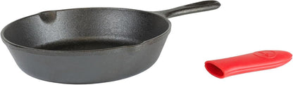 Cast Iron Skillet with Mini Silicone Handle Holder, 8 Inches | 8 Inch Cast Iron Skillet Bundled with Red Mini Silicone Hot Handle Holder for Heat Protection, Non-Toxic, Made in USA1