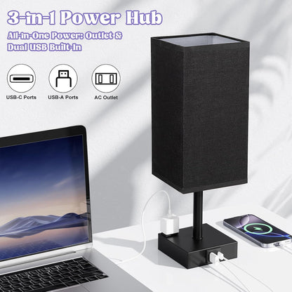 Black Bedside Table Lamp for Bedroom - Dimmable Touch, USB C+A, AC Outlet3