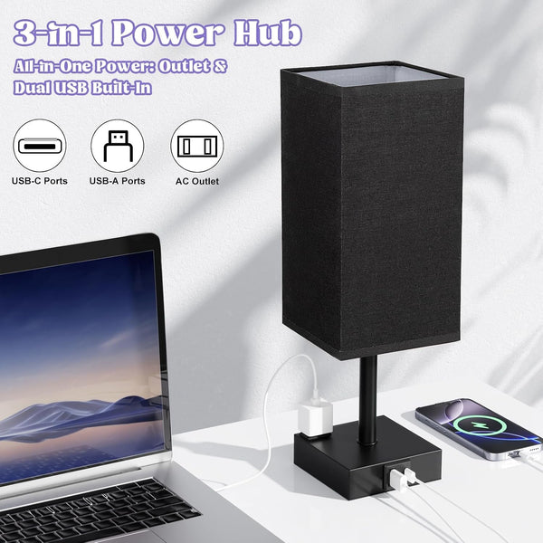 Black Bedside Table Lamp for Bedroom - Dimmable Touch, USB C+A, AC Outlet3