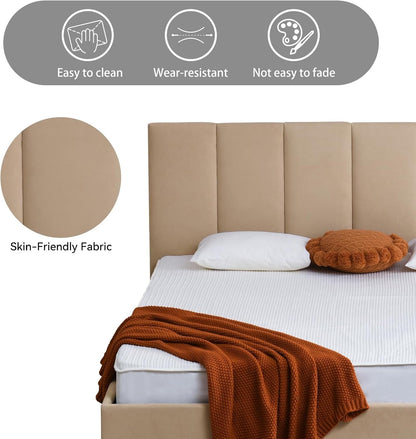 King Size Upholstered Lift-Up Storage Bed, Beige Linen-Look Fabric Bed Frame with Vertical Panel Headboard, Hydraulic Lift Storage, Wooden Slat Support, No Box Spring Needed6