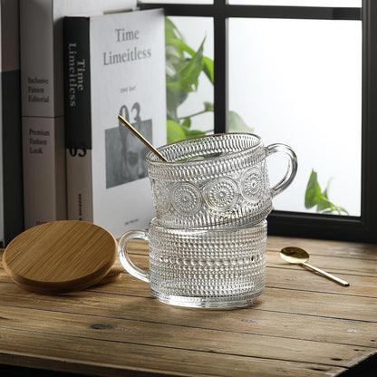 4Pcs Set Vintage Coffee Mugs Gifts for Women, Overnight Oats Containers with Bamboo Lids and Spoons - 14Oz Clear Embossed Glass Cups, Cute Coffee Bar Accessories, Iced Coffee Glasses7