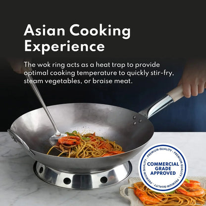 Carbon Steel Wok Set - 14" round Bottom, Hand Hammered with Wood and Steel Helper Handle, Includes Rack/Ring and Spatula (Hand Wash Recommended)3