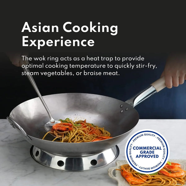 Carbon Steel Wok Set - 14" round Bottom, Hand Hammered with Wood and Steel Helper Handle, Includes Rack/Ring and Spatula (Hand Wash Recommended)3