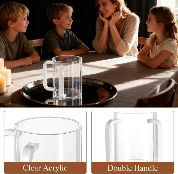 2 Pcs Judaica Hand Washing Cup with Dual Handles,5" Acrylic Clear Netilat Yadayim Cup Lota for Bathroom(White Handle)2