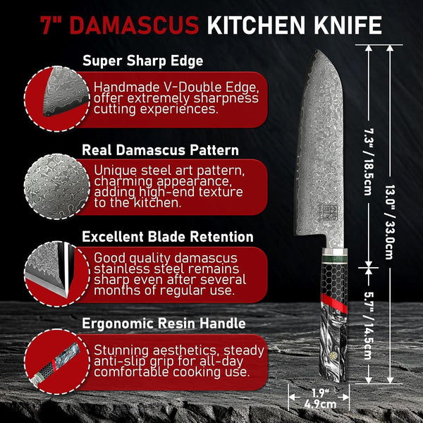 Damascus Santoku Knife - 7 Inch 67 Layers Damascus Chef Knife with Octagonal Resin Handle, Professional Japanese Knife for Meat, Fish & Vegetable Cutting, Razor Sharp Cooking Knives for Gift Idea6