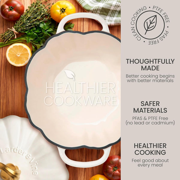 5.5 Qt Pumpkin Enameled Cast Iron Dutch Oven Pot, White | Pumpkin Cocotte for Soups, Stews, Braising & Sourdough Bread Baking. Oven Safe to 500°F. Induction Compatible.5