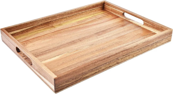 Acacia Wood Serving Tray with Handles (17 Inches) – Decorative Serving Trays Platter for Breakfast in Bed, Lunch, Dinner, Appetizers, Patio, Ottoman, Coffee Table, BBQ, Party –Great for Lap &Couch1