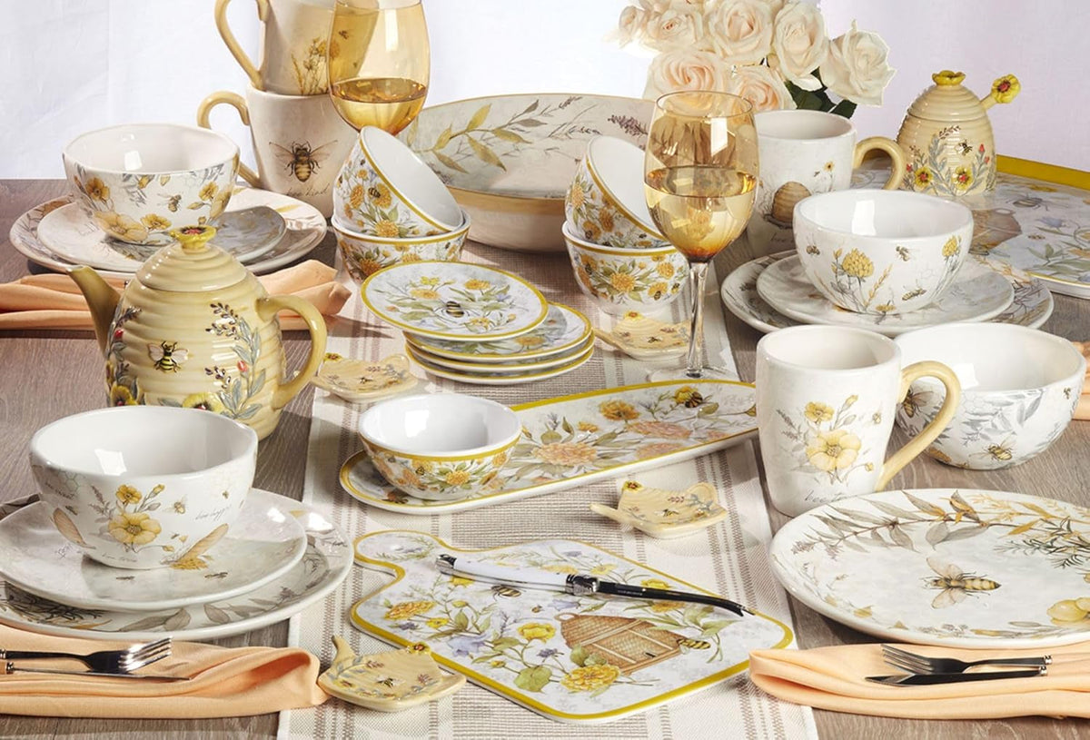 bee-sweet-12-piece-melamine-dinnerware-set-service-for-4-bee-floral-plates-and-bowls-durable-shatterproof-outdoor-tableware-for-spring-summer-entertaining