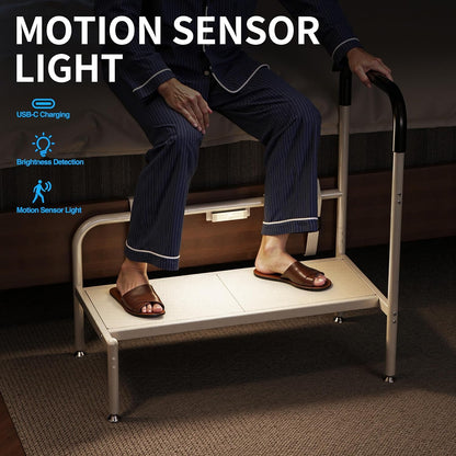 Bed Step Stool for Adults, Bedside Steps for Elderly Seniors with Non-Slip Handle & LED Light, Stable Assist Rail for High Beds4