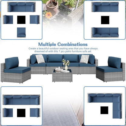 7 Piece Outdoor Patio Furniture Set with Silver PE Rattan, Navy Blue2
