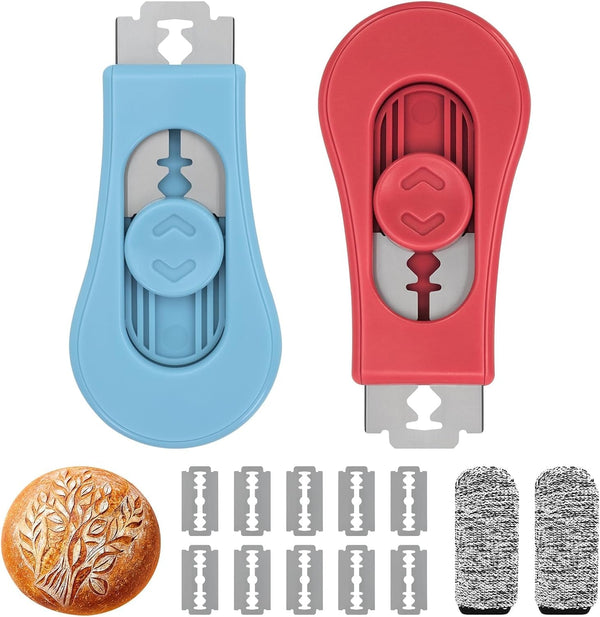 2 Pack Bread Lame Dough Scoring Tool Set, Professional Sourdough Scoring Tool & Bread Scorer with 10 Razor Blades, Finger Protectors Bread Razor for Artisan Baking Red/Blue1