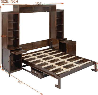 Queen Size Murphy Bed with 2 LED Lights,Desk & Storage, Space-Saving Wood Wall Bed with Cabinets & Drawers, Dark Brown3