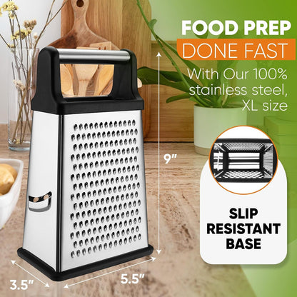 Stainless Steel XL Cheese Grater for Kitchen, Black | 4 Sided Manual Metal Box Grater for Carrot, Potato, Parmesan, Cheese Shredder, Professional Vegetable Grater, Dishwasher Safe4