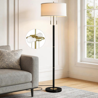 2-Light Mid Century Modern Floor Lamp, Standing Lamp with Fabric Shade and Pull Chain Switch, Tall Floor Lamp for Living Room, Bedroom,Office Corner (Black, 2X 3CCT Bulb Included)1