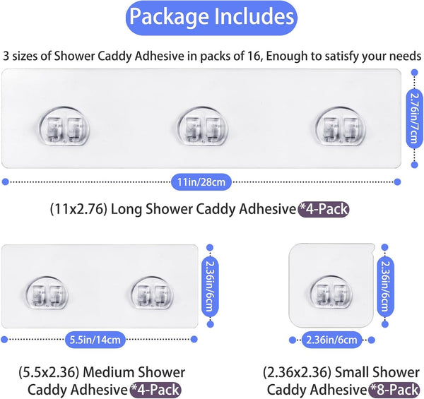 Shower Caddy Adhesive - Strong Shower Caddy Adhesive Hooks Replacement, Waterproof Shower Adhesive Strips, No Drilling, for Bathroom Storage Shelves and Kitchen Racks 16 Pack2