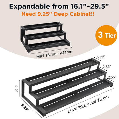 3-Tier Spice Rack Organizer for Kitchen Cabinet or Pantry, 16"-29" Expandable Spice Organization Shelf, Seasoning Organizer, Metal Display Shelf, Slip-Resistant Design for Jars and Bottles, Black2