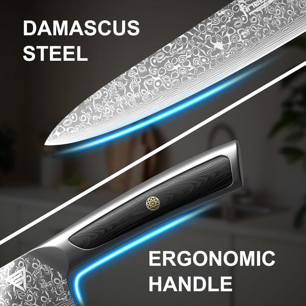 8" Professional Chef Knife, 67-Layer Damascus Steel Kitchen Knife with Ergonomic Handle, Premium Knife for Home & Professional Cooking + Leather Sheath & Gift Box4