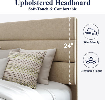 King Size Platform Bed Frame with Fabric Upholstered Headboard and Wooden Slats Support, Fully Upholstered Mattress Foundation/No Box Spring Needed/Easy Assembly, Beige4