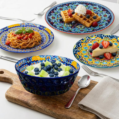12 Pieces Dinnerware Sets, Ceramic Plates and Bowls Set, Microwave and Dishwasher Safe, Scratch Resistant, Bohemian Style Dishware Set, Service for 48
