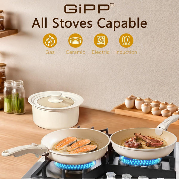 Pots and Pans Set Detachable Handle Cookware Sets Kitchen Cooking Set | Non Stick,Healthy,Non Toxic,Pfas PFOA & PTFE Free, Dishwasher ＆Oven Safe, All Stoves Are Compatible,21Pcs,Cream4