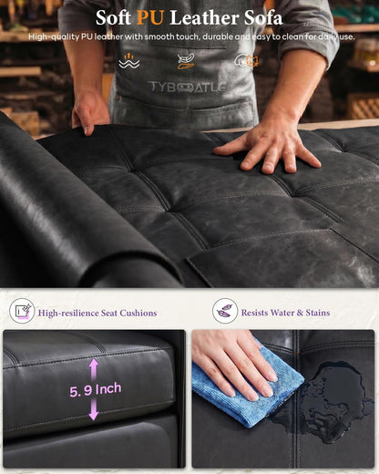 88'' Black Faux Leather Couch with USB, 3-Seater6
