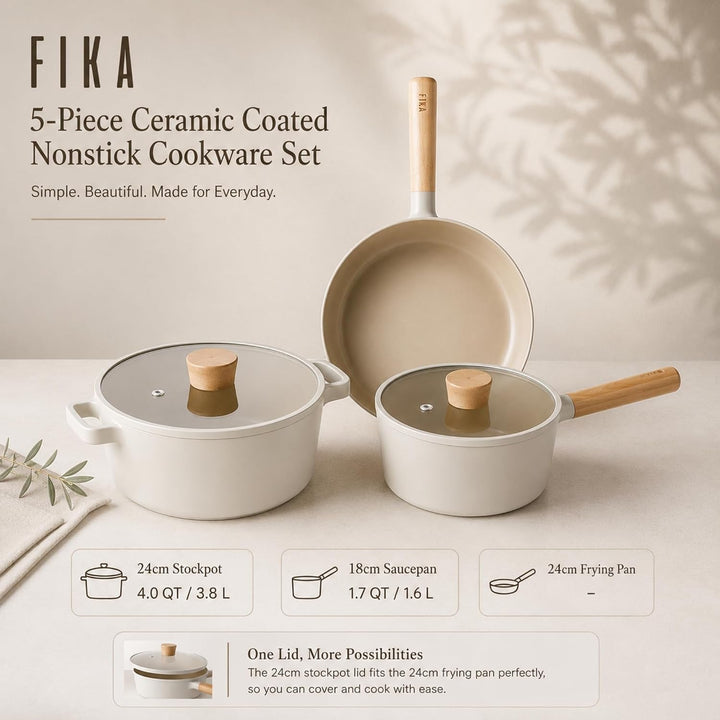 FIKA 5-Piece Ceramic Coated Nonstick Pots and Pans Set with Glass Lids, 18Cm Saucepan, 24Cm Frying Pan and Stockpot, Natural Wood Accents, Induction Compatible Cookware, Made in Korea+2