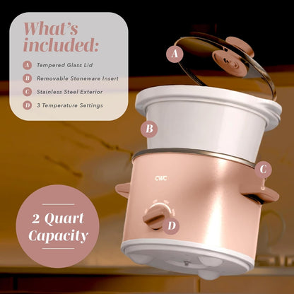 2QT Mini Electric round Slow Cooker - Adjustable Settings, Removable Stoneware Pot, Tempered Glass Lid, Dishwasher Safe, Cool-Touch Side Handles, Dusty Rose2