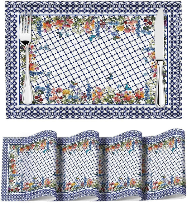 Navy Blue White Placemats Set of 4, Chinoiserie Vintage Table Mats Non-Slip Washable, Wildflowers Colorful Linen Place Mats for Kitchen Dining Home Party Indoor Outdoor Table Decor1