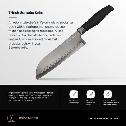 Santoku Knife - 7 Inch Black Nonstick Titanium Plated Stainless Steel Ultra Sharp Blade, with Ergonomic Comfort Grip Handle Asian Chef'S Knife, with Matching Sheath8