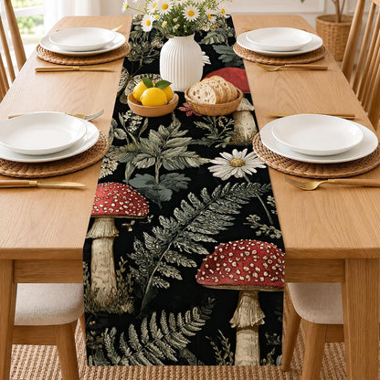 Red Mushroom Table Runner,13 X 70 Inch Butterfly Plant Herb Linen Kitchen Dining Table Runner for Coffee Table Dresser Wedding Home Party Decor1