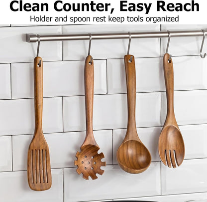 Wooden Spoons for Cooking, 4-Piece Teak Wood Kitchen Utensil Set, Nonstick Safe Wooden Cooking Utensils-Includes Soup Ladle, Pasta Spoon, Slotted Spoon, Salad Fork, for Everyday Meals(A04)8