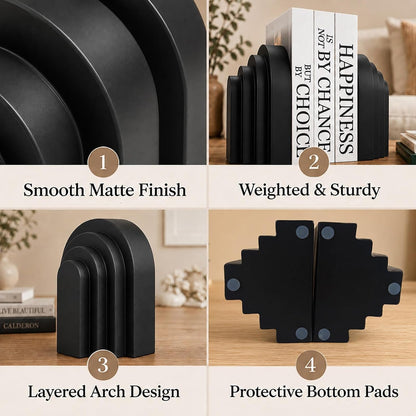 Book Ends for Heavy Books, Resin Decorative Bookends, Heavy Duty Bookend for Shelves, Book Stopper for Shelves, Modern Home Decor Aesthetic Book Ends, Layered Arch Design Set of 2(Matte Black)5