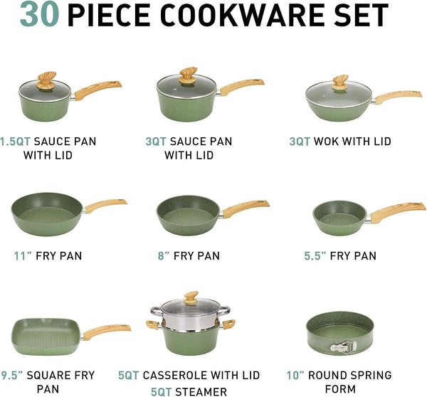 Pots and Pans Set, 30 Piece Kitchen Cookware & Bakeware Set | Green Granite Non Stick Pans Set for Cooking, 100% PFOA & PFAS Free Non-Toxic, Easy to Clean5