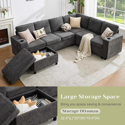 107 Inch Modular Sectional Sofa with Pull Out Bed, 7 Seat U Shaped Sectional Sleeper Sofa with Storage Ottoman, USB Port & 6 Pillows, Family Modular Couch, Sectional Couches for Living Room, Grey5