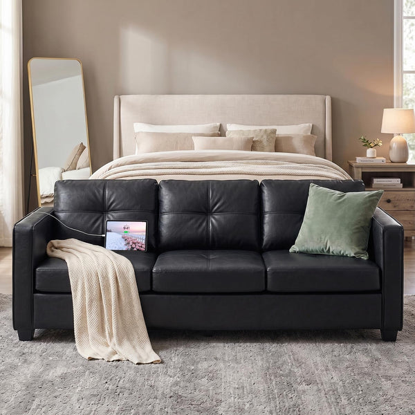 88'' Black Faux Leather Couch with USB, 3-Seater8