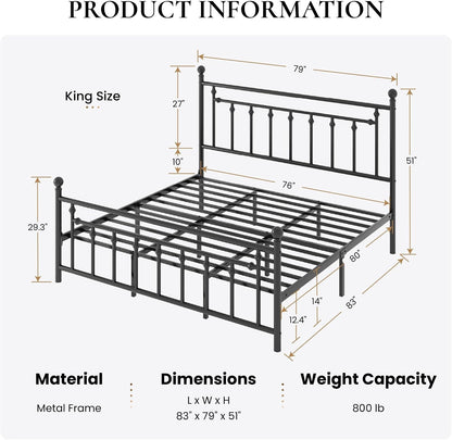 14" King Size Metal Platform Bed Frame/Victorian Headboard and Footboard/Steel Slats Mattress Foundation for Storage/No Box Spring Needed/Noise Free/Black2