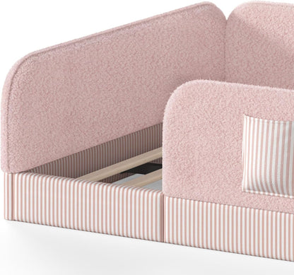 Queen Upholstered Floor Bed with Slats and Guardrail,Side Storage Pocket,Teddy, Pink9