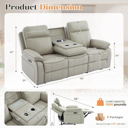 3 Seater Reclining Sofa with Drop down Table, Breathable Leather Electric Reclining Couch Wall Hugger Recliner with Cup Holder/Usb/Type C for Living Room Furniture(Gray, 3 Seater)2