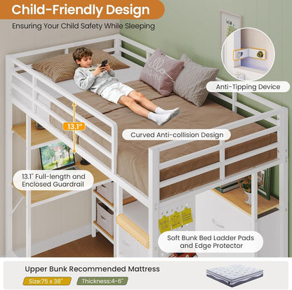 Twin Loft Bed with 6 Storage Drawers,Coat Rack and Open Shelves Metal Twin Size Loft Bed with Desk,Charging Station and LED Light,Loft Beds with Large Pegboard,Stairs and Safety Guardrail,White6