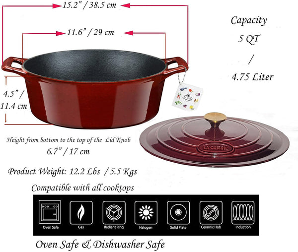 La Cuisine Enameled Cast Iron Oval Dutch Oven Casserole Dish Pot with Lid 5 QT Internal Matt Black Enamel Coating, Cranberry, Gold-Plated Stainless Steel Lid Handle, Oven Safe9