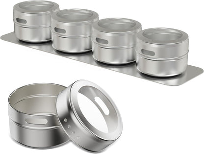 Set of 16 Magnetic Spice Tins with 4 Metal Wall-Plates,100 Preprinted Seasoning Label Stickers,2 Styles for 3 Oz Herb Jars5