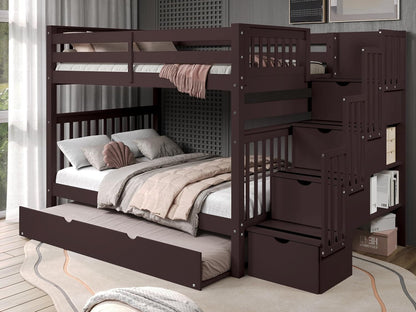 Stairway Bunk Beds Full over Full with 4 Drawers in the Steps and a Full Trundle, Dark Cherry1