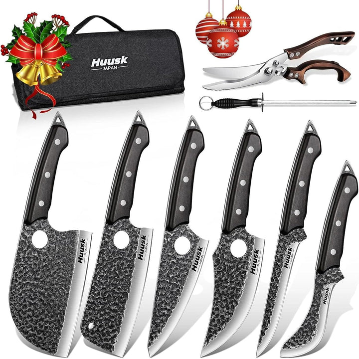 8PCS Butcher Knife Set with Roll Bag, Gifts for Men | Serbian Chef Knife Set with Sharpening Rod and Poultry Shears, Hand Forged Full Tang Meat Cleaver for BBQ, Camping, Kitchen