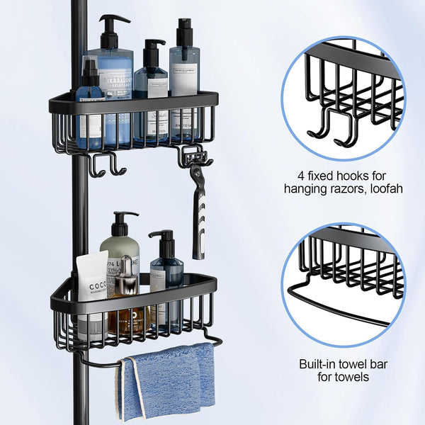Corner Shower Caddy Tension Pole: Adjustable Rustproof 4-Tier inside Bathroom Organizer - 47-121 Inch Quick Installation Bathtub Shelves for Shampoo Storage - Rod Floor Standing Bath Rack - Black4