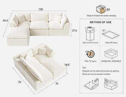 Cloud Sectional Couches for Living Room | 108 Inch L-Shaped Boneless Couch with Ottoman | Modular Sectionals Sofa Couch Ivory White6